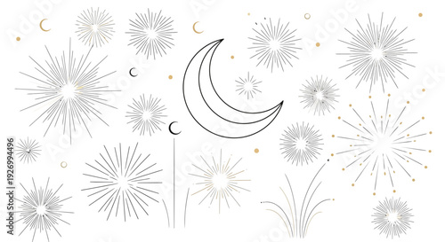 Stunning crescent moon surrounded by vibrant fireworks and golden sparks