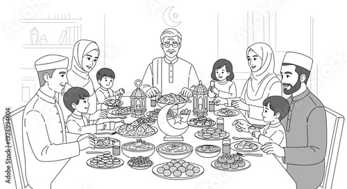 Happy Muslim family sharing iftar meal together at home