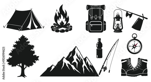 A collection of camping equipment icons including a tent fire and mountain displayed in black silhouette high quality professional detailed modern