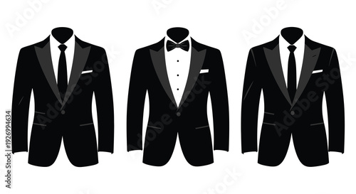 Three formal male figures are displayed in a row each wearing a suit and tie as a silhouette high quality professional