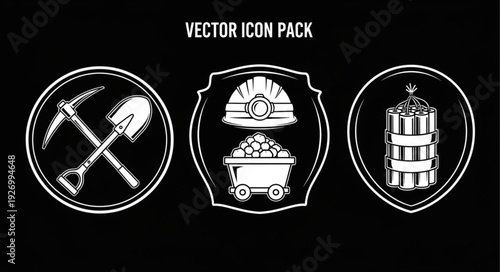Mining vector icon pack featuring pickaxe, helmet, cart, and dynamite symbols on black background.