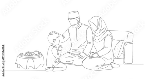 Muslim family sharing meal together in traditional attire