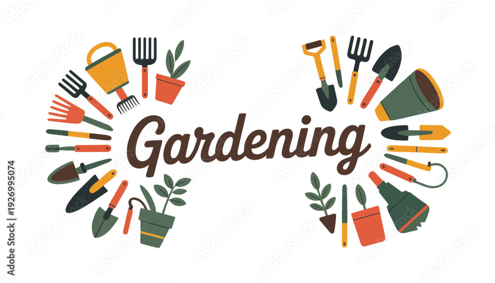Obraz premium Gardening icon illustration with various colorful tools and plants