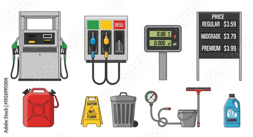 Gas station equipment and accessories, including fuel pumps and price signs.
