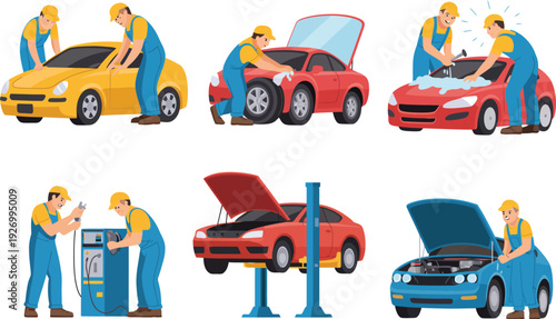 Car mechanics working on vehicles in a garage with tools and equipment