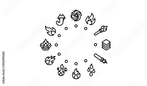Modern Fire and Flame Outline Icons Radial Layout Editable Stroke Vector Set