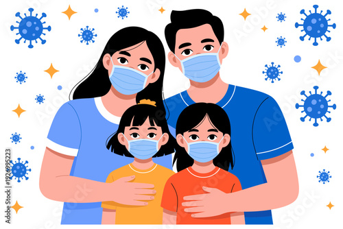 A family of four wearing face masks together for health and safety