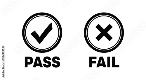 Two circular icons depict pass and fail statuses with check and x marks presented as a silhouette high quality professional detailed