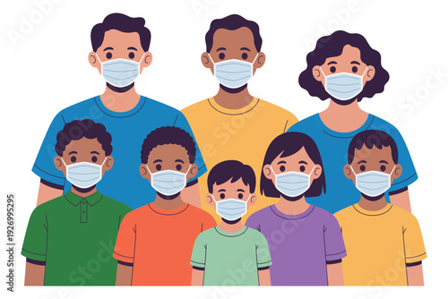 A diverse family of eight wearing medical face masks together