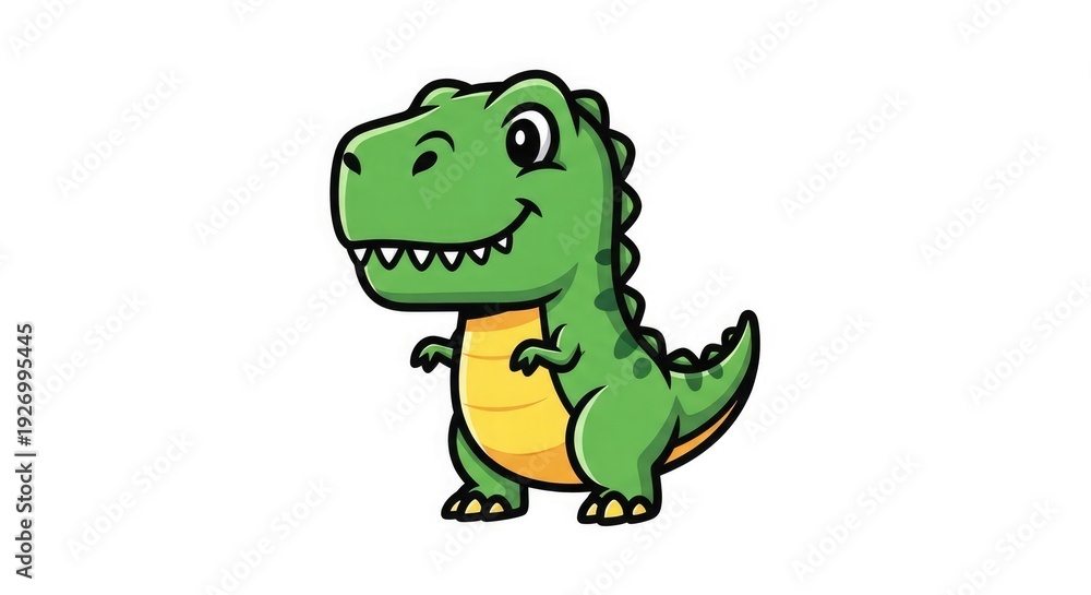 Obraz premium A cartoon green dinosaur with a yellow belly, standing and smiling, on a plain white background, viewed from the side, Whisk concept illustration