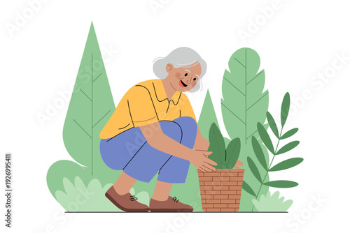 A senior woman planting a green plant in a brick pot outdoors