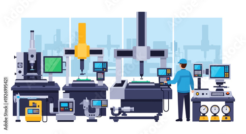 Industrial Metrology & Quality Control with Engineer Operating Precision Measurement Machines in Manufacturing Facility