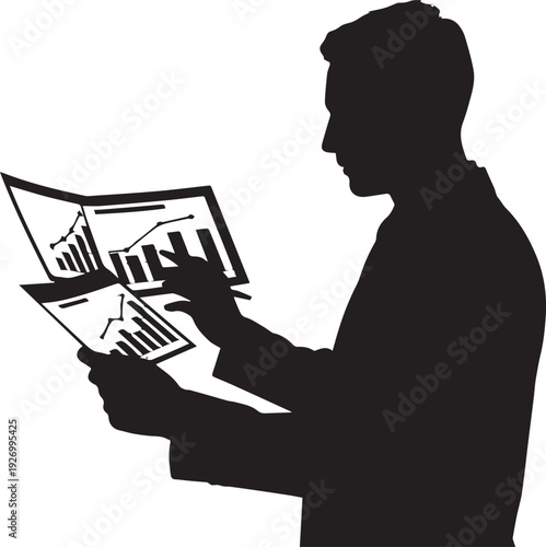 Silhouette vector graphic of businessman reviewing complex financial reports
