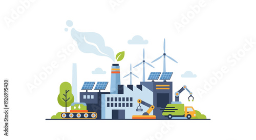 Sustainable Industrial Complex with Green Energy, Solar Panels, Wind Turbines, and Smart Factory Automation