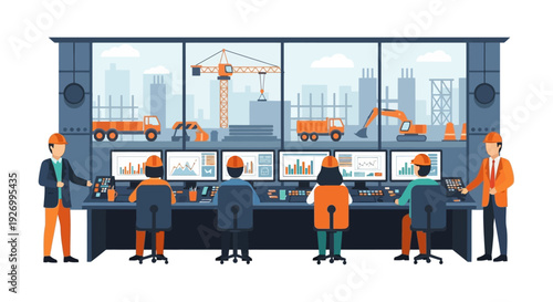 Construction Control Room with Engineers & Managers Monitoring Site Operations and Project Data