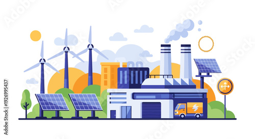 Modern Sustainable Industry: Factory with Wind Turbines, Solar Panels, and Electric Transport