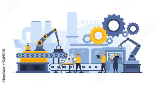 Industrial Automation & Manufacturing Process with Robotic Arms, Conveyor Belts, Gears, and Engineers. Modern Factory Production Line Illustration.