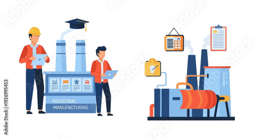 Industrial Manufacturing & Engineering Education. Factory Production, Skilled Workers, and Modern Technology Integration Flat Vector Illustration.