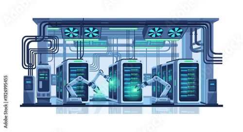 Automated Data Center with AI Robotics and Cloud Servers. Futuristic Technology for Big Data Processing and IT Infrastructure Management. Digital Automation Concept.