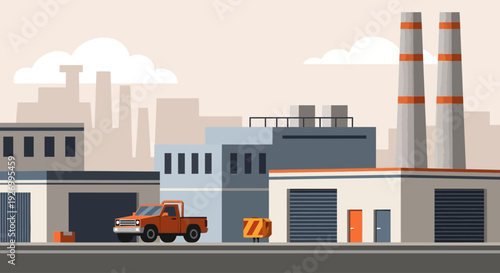 Modern Flat Design Industrial Landscape: Factory, Warehouse, and Pickup Truck Vector Illustration