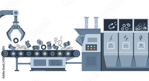 Automated Metal Recycling Process: Robotic Arm and Conveyor Sorting Scrap Waste
