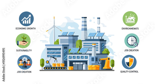 Sustainable Smart Factory: Industrial Automation, Renewable Energy, Economic Growth & ESG Concepts Illustration