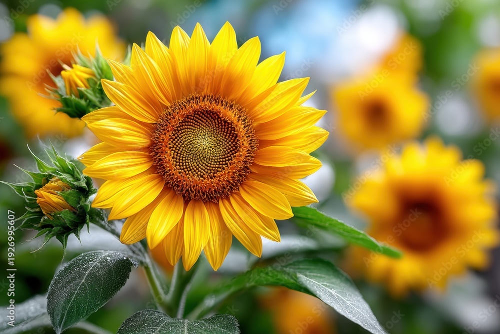 Obraz premium Close up of bright yellow sunflower with blurred background