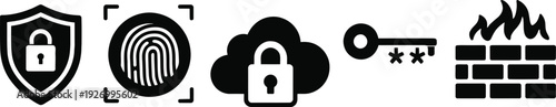 Security shield with padlock, fingerprint scan, cloud lock, key and password, firewall icon