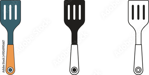 Three spatula illustrations in line art solid black and blue variations for culinary design projects vector Illustration.