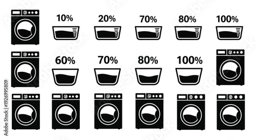 A series of washing machine icons depicting varying fill levels from empty to full as a silhouette high quality professional detailed