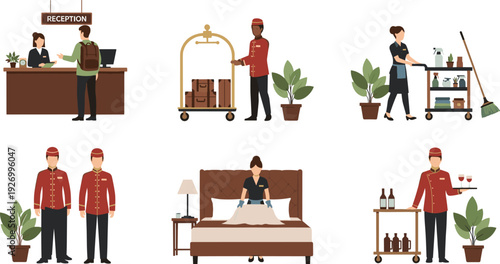 Hotel Staff and Hospitality Service Set with Receptionist Bellboy Housekeeping Waiter and Concierge Vector Illustration Collection
