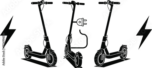 Electric scooter charging concept with plug and lightning symbol eco urban transport modern mobility vector illustration set