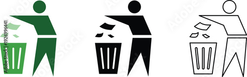 Man throwing trash in dustbin icons set keep clean, symbol isolated on transparent background.