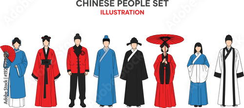 Traditional Chinese People Character Set with Hanfu Robes Fan Parasol and Historical Costume Vector Illustration Collection