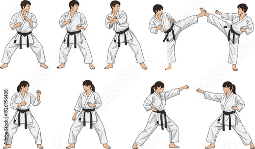 Karate Martial Arts Training Poses Set with Male and Female Fighters Performing Punches and High Kick Techniques Vector Illustration Collection