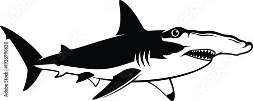Hammerhead shark silhouette vector illustration, aggressive ocean predator marine wildlife symbol, sea animal graphic isolated black design element