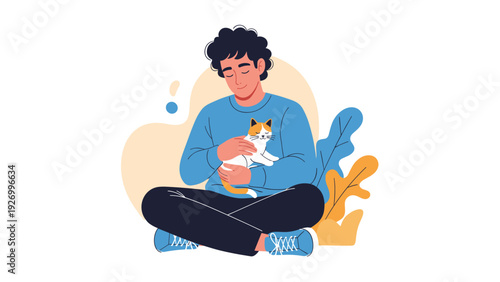 Charming flat illustration of a young man sitting on the floor and tenderly hugging his pet cat against a soft background.