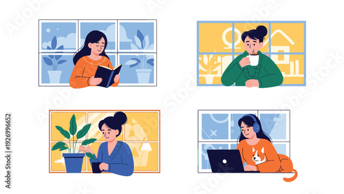 Cozy montage of four scenes showing women engaged in different indoor activities like reading, working, and caring for plants.