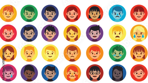 Comprehensive collection of diverse human character avatars showing various facial expressions and emotions in colorful circles.