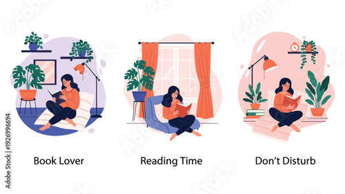 Set of three illustrations depicting a woman enjoying reading time in various cozy home environments with plants and lamps.