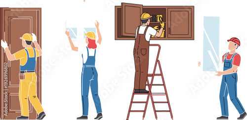 Professional Home Renovation Workers Installing Door Cabinets and Painting Wall Interior Construction Team Vector Illustration Collection
