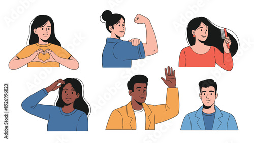 Comprehensive collection of diverse people in different poses illustrating various actions like showing a heart sign and flexing.