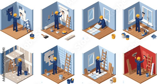 Home Renovation Isometric Set with Worker Painting Walls Tiling Floor Installing Panels and Interior Repair Vector Illustration Collection