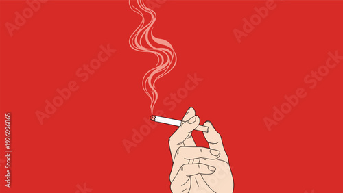Dramatic illustration of a hand holding a burning cigarette with a long trail of smoke rising against a red background.