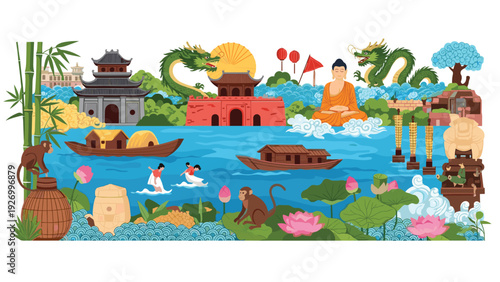 Richly detailed panoramic illustration showcasing various iconic elements of Vietnamese culture, landmarks, and nature.