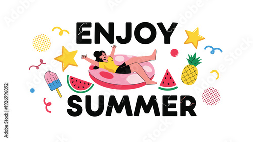 Cheerful summer illustration with a woman relaxing on a pink inner tube surrounded by fruit, stars, and colorful shapes.