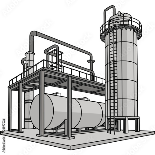 Industrial facility with large cylindrical storage tank and tower