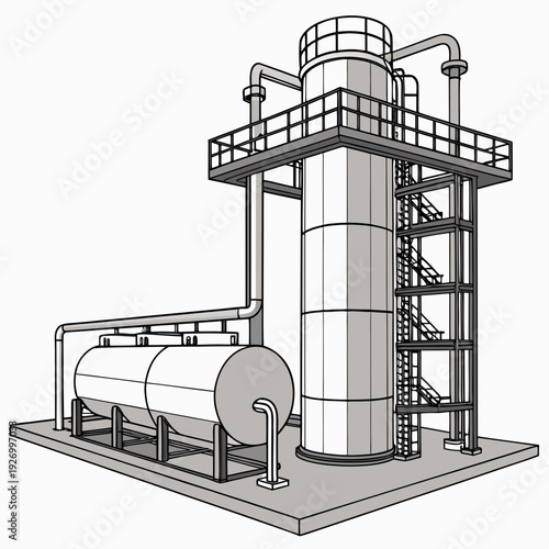 Industrial facility with large cylindrical storage tank and processing equipment