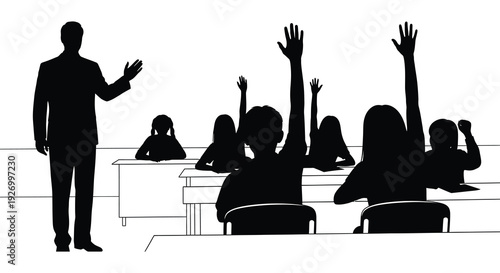 A teacher gestures towards a classroom of students raising their hands depicted in stark black silhouette high quality professional detailed modern
