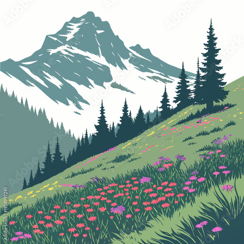 A mountain landscape with a field of flowers
